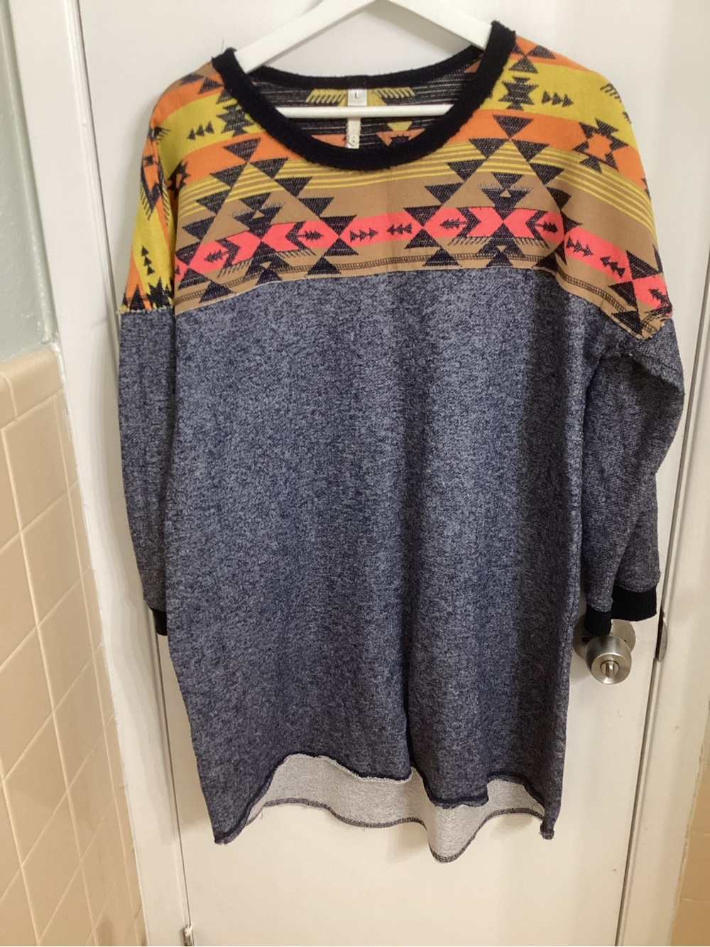 Uncle Frank Oversized Navy Sweater with Yellow & Coral Aztec Yoke